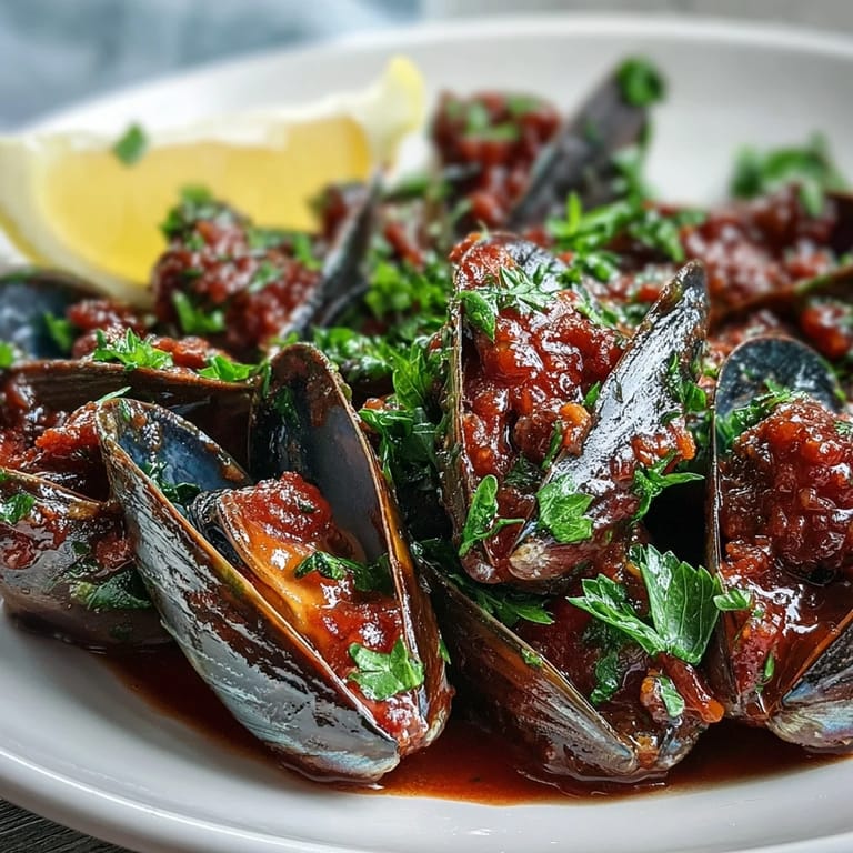 Tender mussels in a rich, smoky tomato broth with Smoky Mussels Pomodoro, garnished with fresh parsley and lemon wedges.