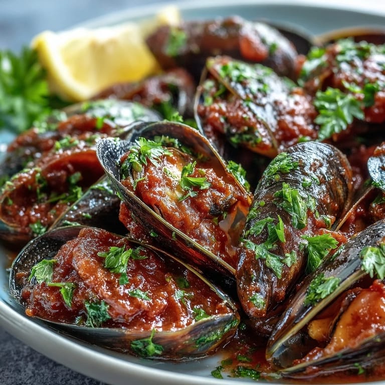 A bubbling skillet of Smoky Mussels Pomodoro featuring vibrant tomato sauce and garlic, perfect for a quick seafood dinner.