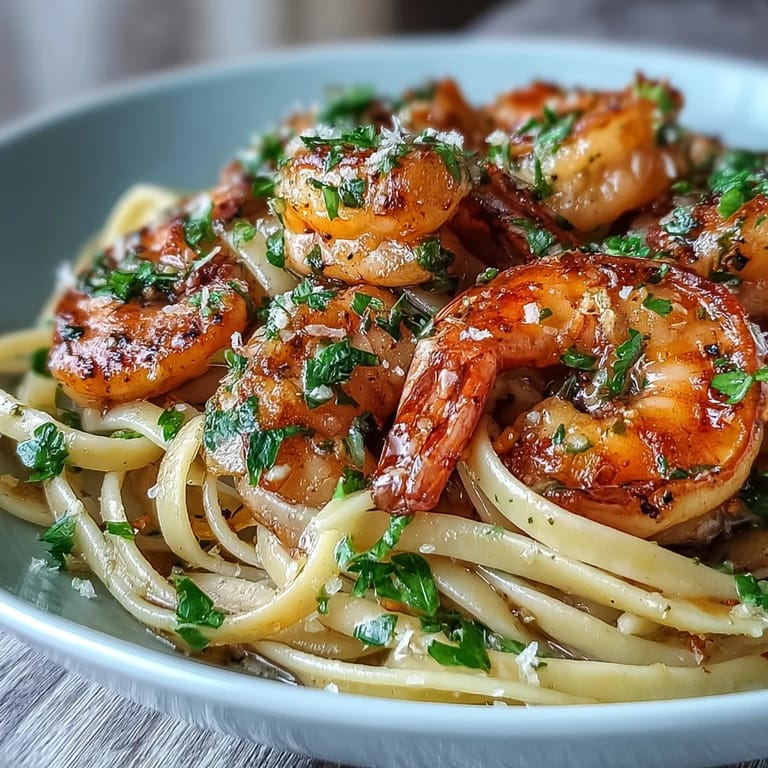 Shrimp Scampi With Linguine plated for four, steaming with garlicky white wine sauce and lemon wedges.