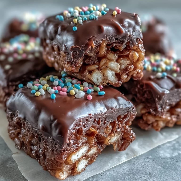 Stack of Chocolate Covered Rice Krispy Treats bars on a white plate, perfect for an after-school dessert snack.