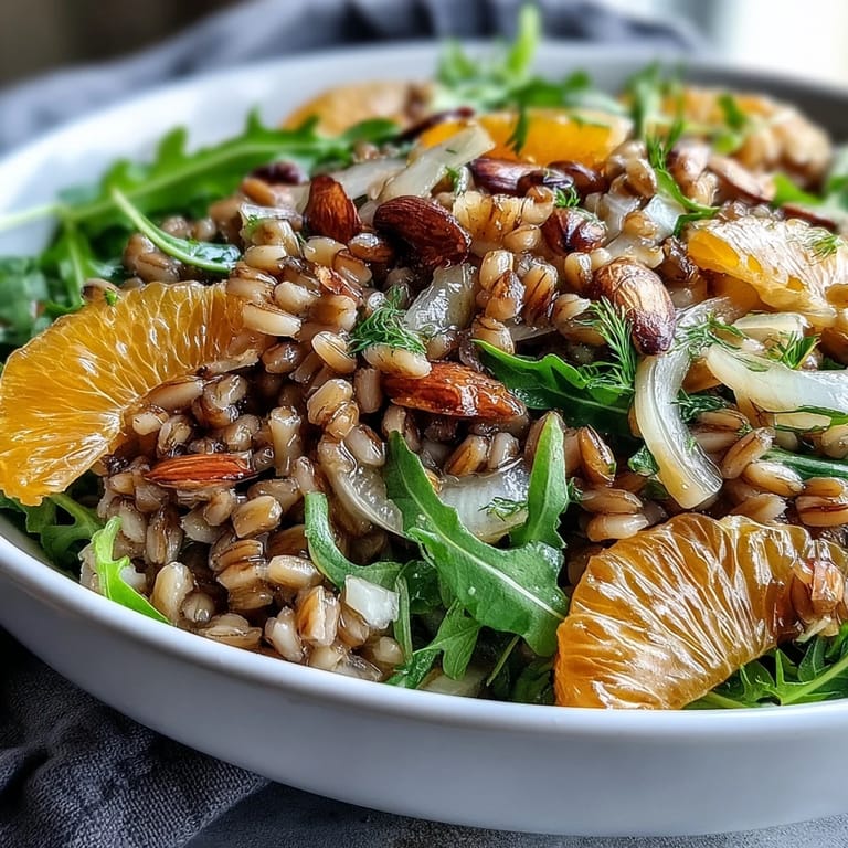 Close-up of Farro Salad Bowl with Fennel, Oranges & Almonds showcasing juicy orange segments and crisp fennel.