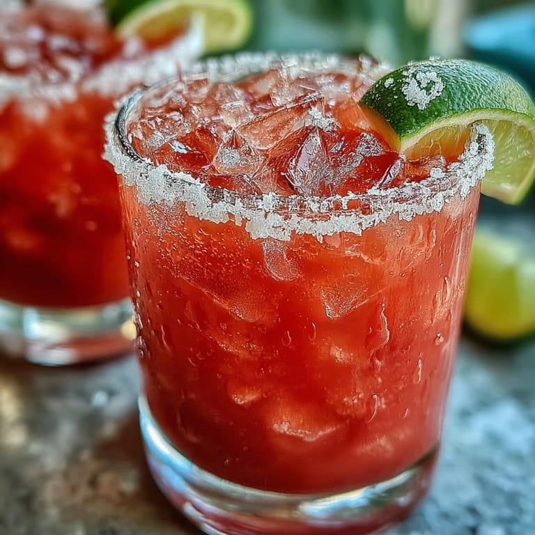 A vibrant pink Guava Margarita is poured over fresh ice, garnished with a lime wheel for a zesty aroma.