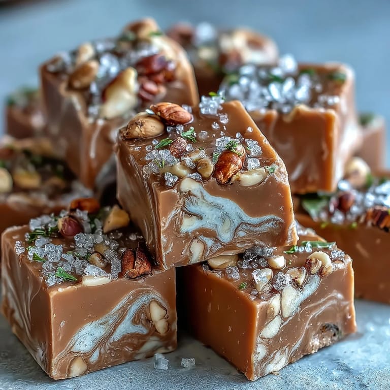 Fudgy Hojicha Nougat pieces dusted with roasted green tea powder, paired with a steaming cup of hojicha tea.