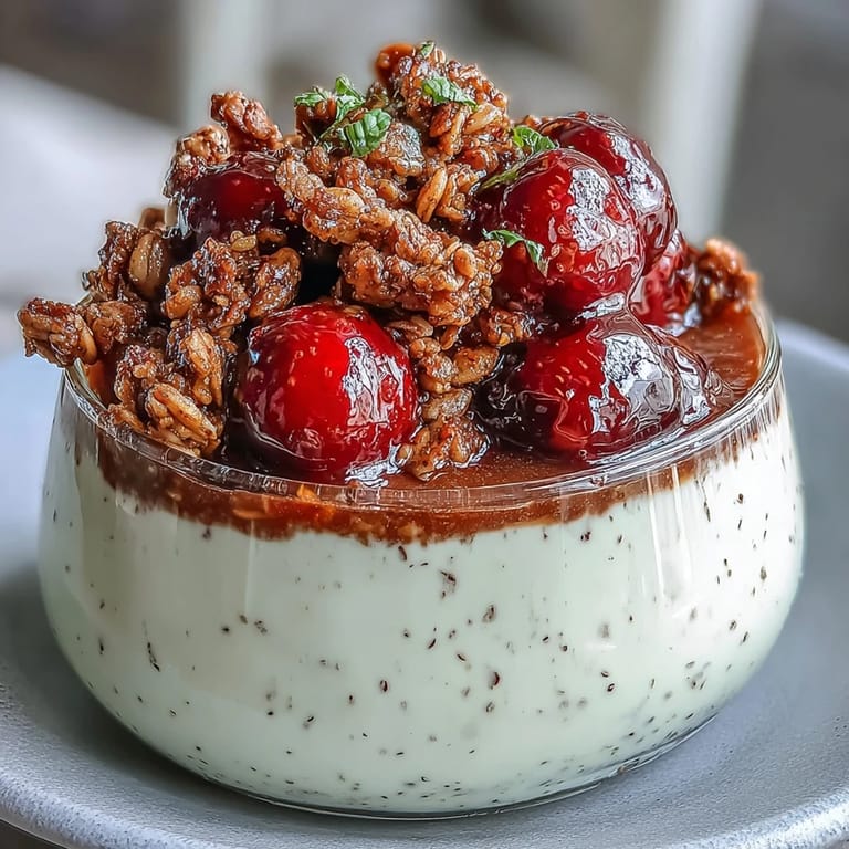 Layers of roasted tea panna cotta, sweet berries, and granola in a Hojicha Panna Cotta Parfait.