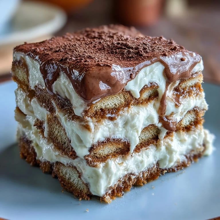 Close-up view of the creamy Hojicha Tiramisu layers inside a glass dish, showing the rich tea-soaked biscuits.