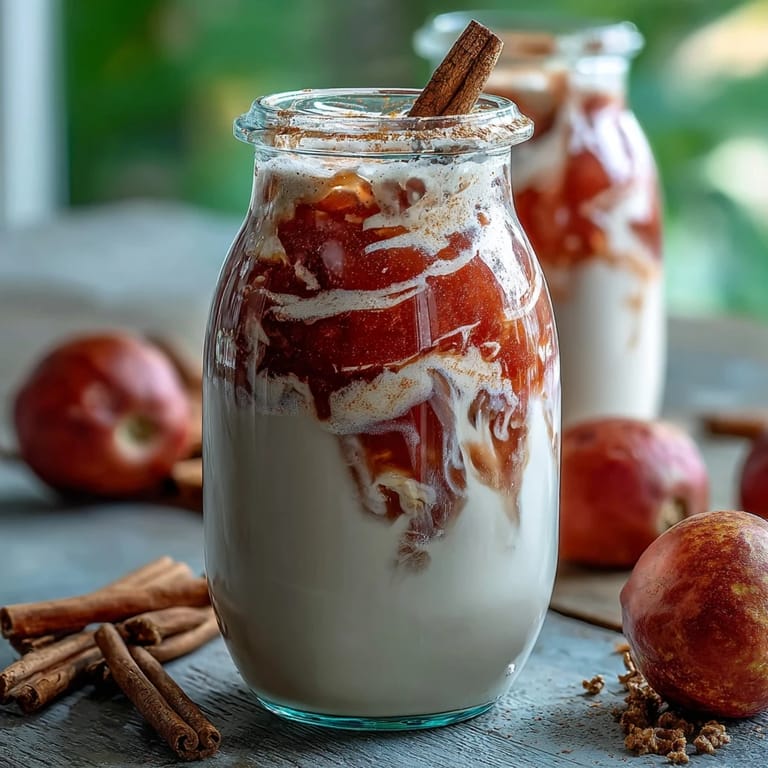 A close-up of creamy Guava Coquito blending coconut milk, rum, and guava marmalade, ready to serve cold.