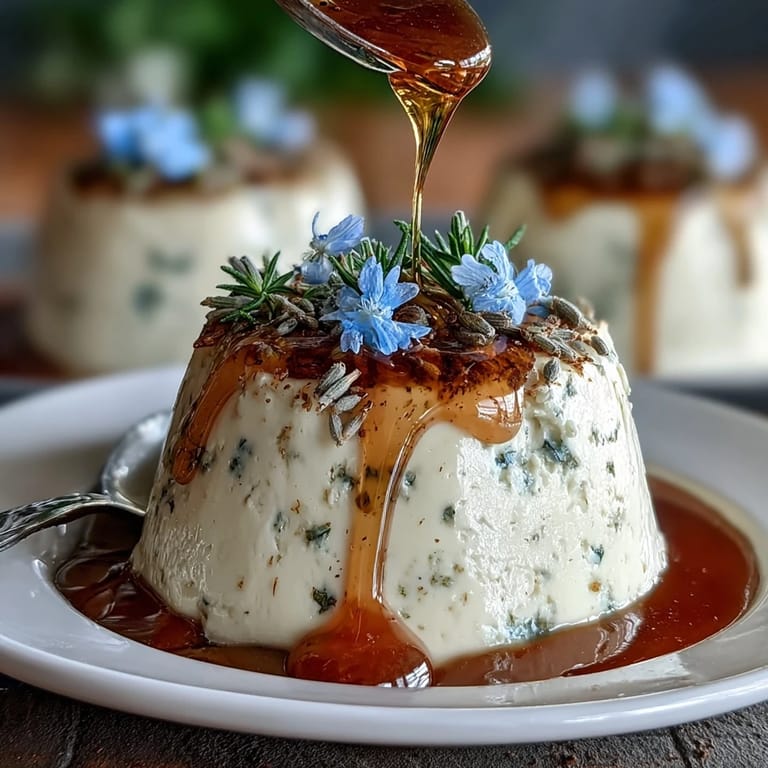 Silky panna cotta infused with lavender and drizzled with golden honey, topped with vibrant berries for a springtime dessert.