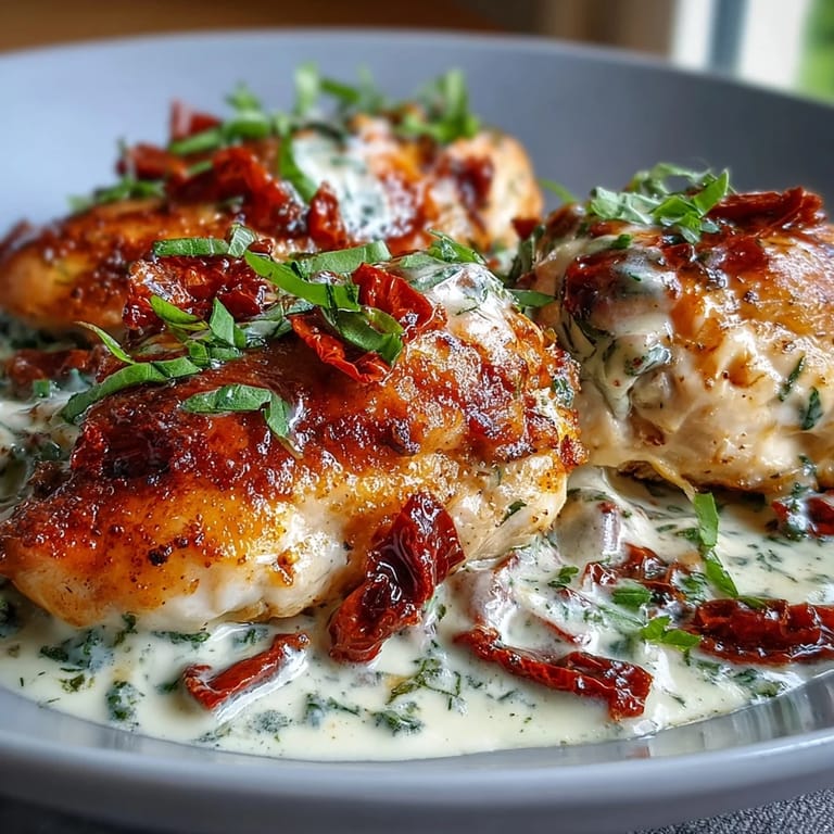 Golden-seared chicken breasts simmered in a velvety Parmesan cream sauce with sun-dried tomatoes and aromatic Italian herbs.