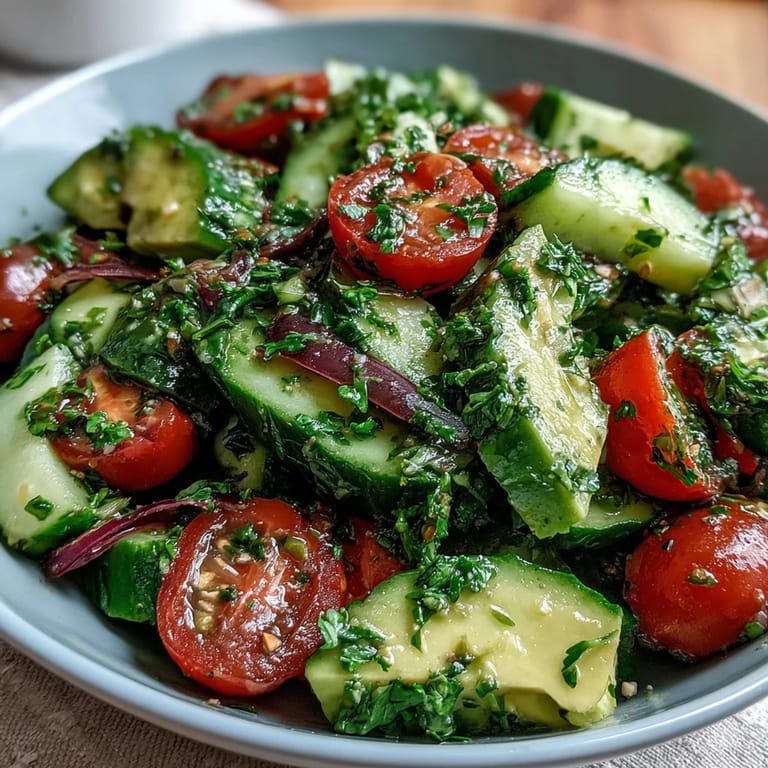 Creamy avocado, juicy tomatoes, and crisp cucumbers tossed in a zesty lemon dressing for a refreshing salad.  