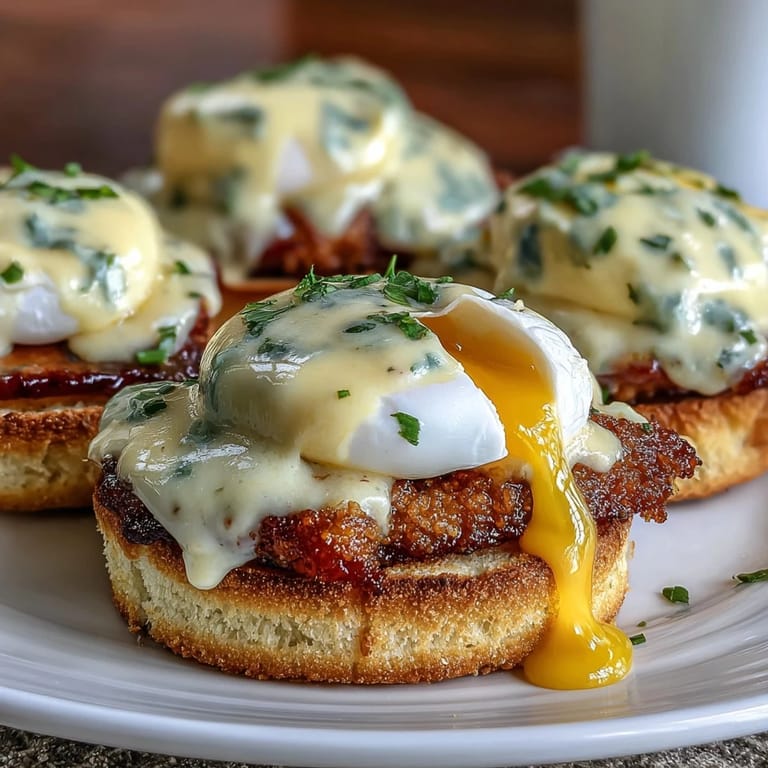 Elegant brunch plate featuring golden poached eggs, rich hollandaise, and Canadian bacon atop crisp English muffin halves.