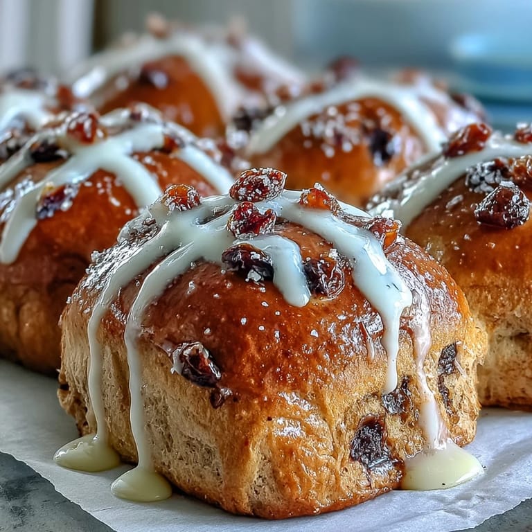 Golden hot cross buns studded with currants, piped with crosses, and finished with a glossy citrus glaze for a festive touch.