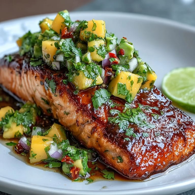 Juicy baked salmon topped with colorful mango avocado salsa, perfect healthy dinner.  