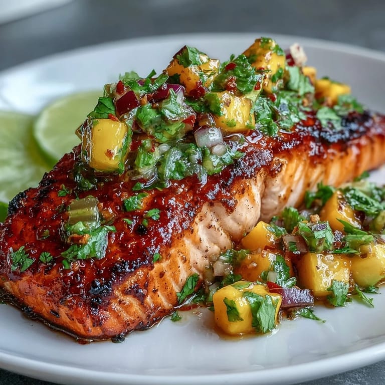 Oven-baked salmon paired with bright mango avocado salsa, easy nutritious meal idea.