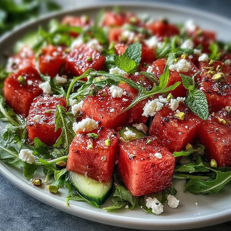 Juicy watermelon cubes, peppery arugula, and feta cheese tossed in a refreshing lime-honey dressing for a light, healthy meal.