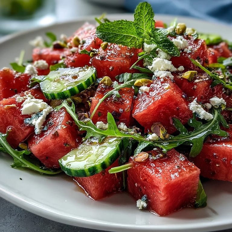 Colorful watermelon arugula salad topped with cucumber, red onion, and crumbled feta, drizzled with zesty honey-lime dressing.  