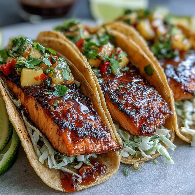 Zesty grilled salmon tacos topped with sweet mango salsa and crunchy cabbage.