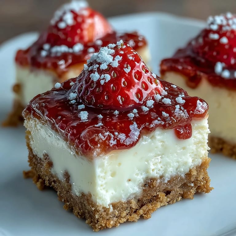 No-bake strawberry cheesecake bars with smooth cream cheese filling, buttery crust, and vibrant fresh strawberry topping.