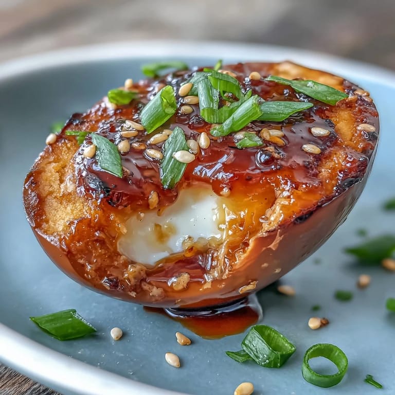 Marinated eggs in a spicy miso soy sauce, glistening and ready to add a burst of umami to your meal.