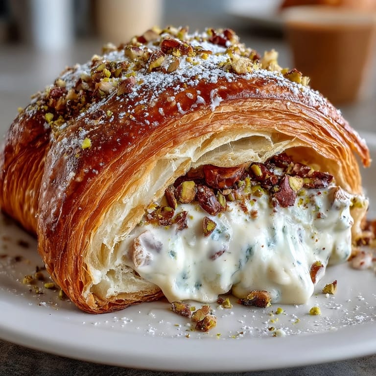 Luxurious pistachio cream croissant, golden and crisp, dusted with powdered sugar and sprinkled with chopped pistachios for an indulgent treat.