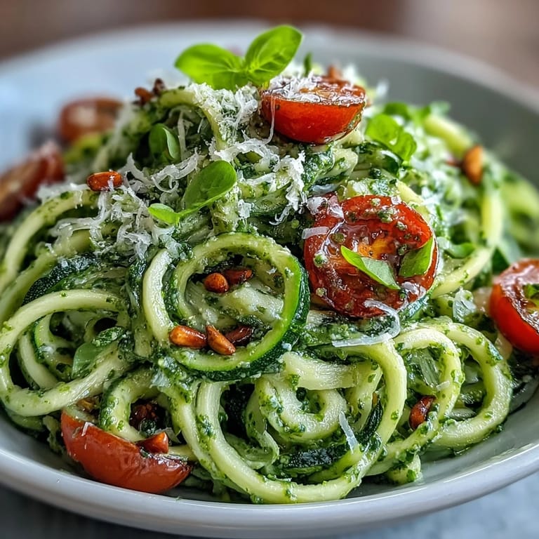 Crisp zucchini noodles coated in fragrant basil pesto, garnished with Parmesan and cracked pepper, a bright and satisfying low-carb entrée.