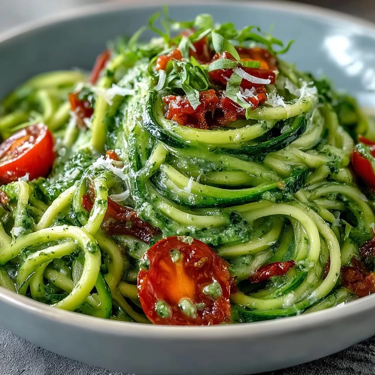Light and refreshing zucchini noodles tossed in creamy pesto and juicy cherry tomatoes, an easy gluten-free dinner ready in minutes.