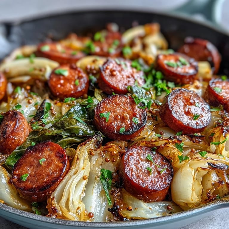 Easy cabbage and sausage skillet recipe featuring rustic vegetables and tangy mustard sauce.