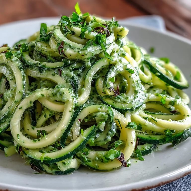 Fresh Zucchini Noodles with Avocado Pesto, a bright, healthy dish perfect for lunch.