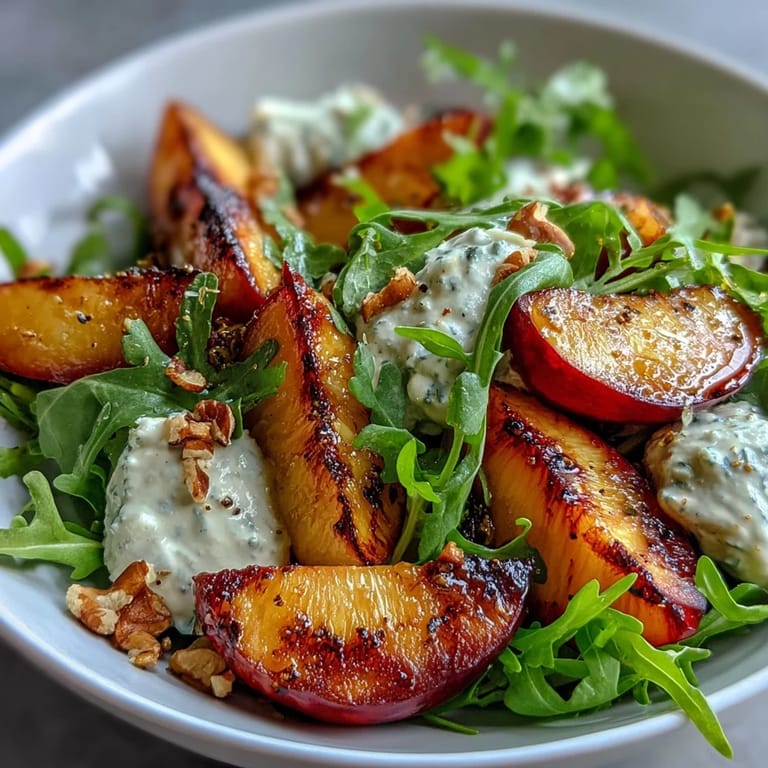 Summer's bounty: warm grilled peaches, creamy burrata, and sweet honey dressing.