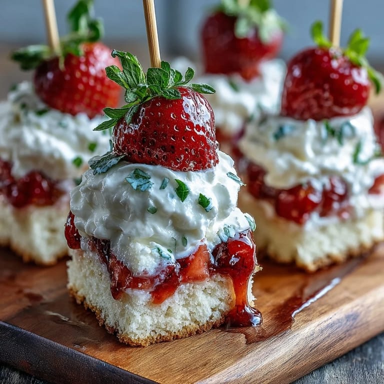 Delectable stacked mini strawberry shortcake bites, perfect for party-goers to enjoy.