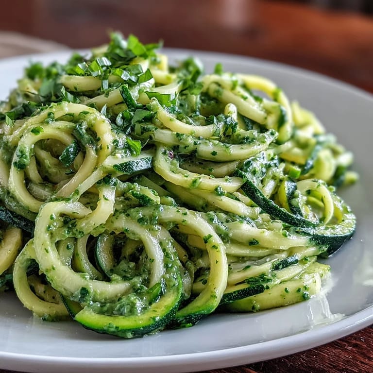 Taste this delicious Zucchini Noodles with Avocado Pesto, garnished with cherry tomatoes.