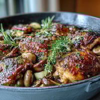 Tender chicken thighs braised in rosé wine, served with mushrooms and herbs in a creamy sauce.