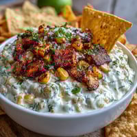 Creamy elote dip with charred corn, cotija cheese, and lime, served with crispy tortilla chips for a zesty appetizer.