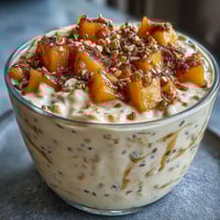 Creamy mango lassi overnight oats with fresh mango chunks, cardamom, and yogurt for a tropical breakfast treat.