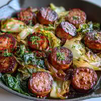 Hearty cabbage and sausage skillet with smoky sausage, tender cabbage, and whole grain mustard.  