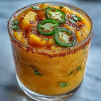 Vibrant Fricy Spicy Mango Margarita Slushie, frosty with spicy jalapeño kick.