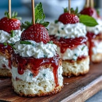 Mini strawberry shortcake bites on a stick, bursting with fresh berries and sweet cream.
